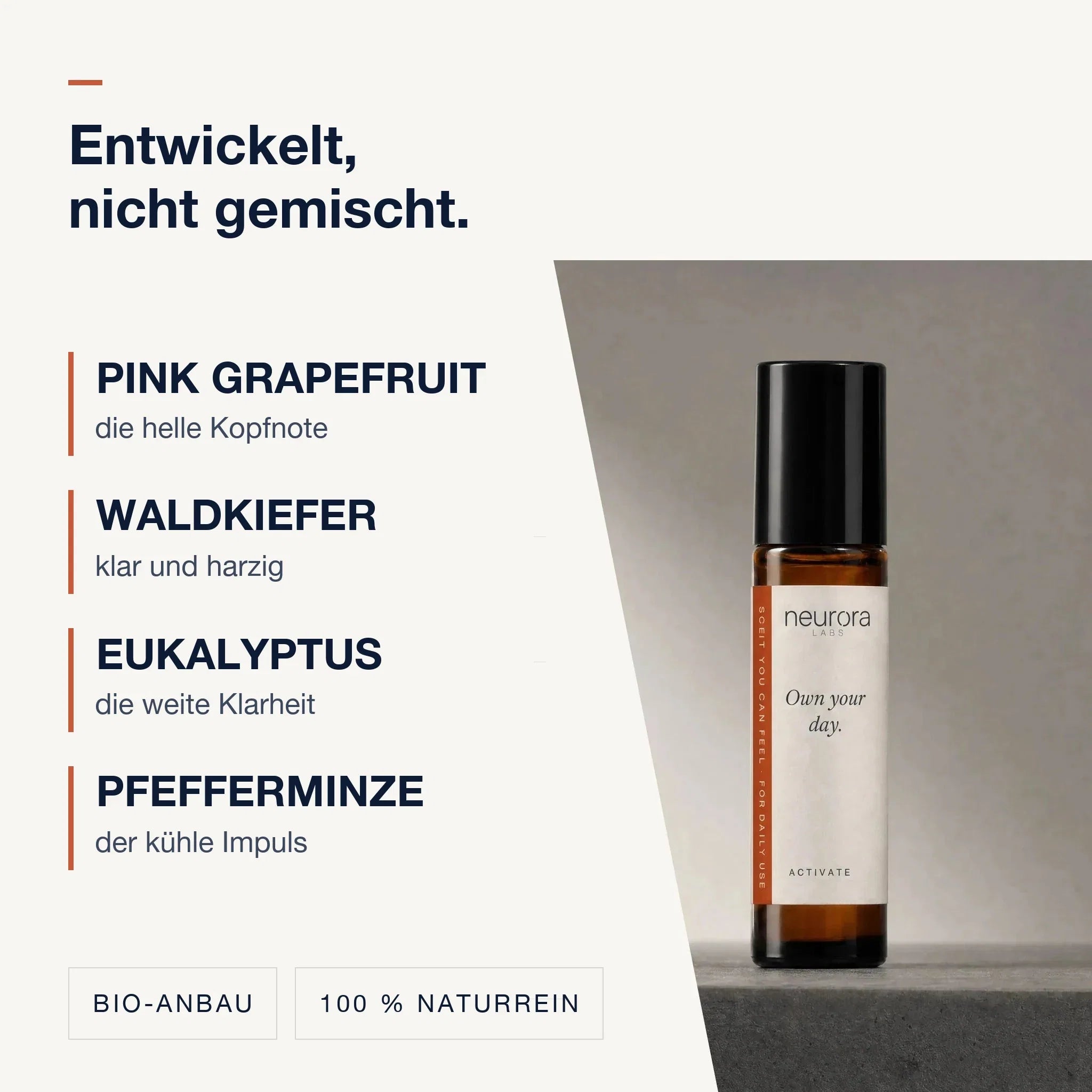 Entwickelt, nicht gemischt: Pink Grapefruit, Waldkiefer, Eukalyptus, Pfefferminze