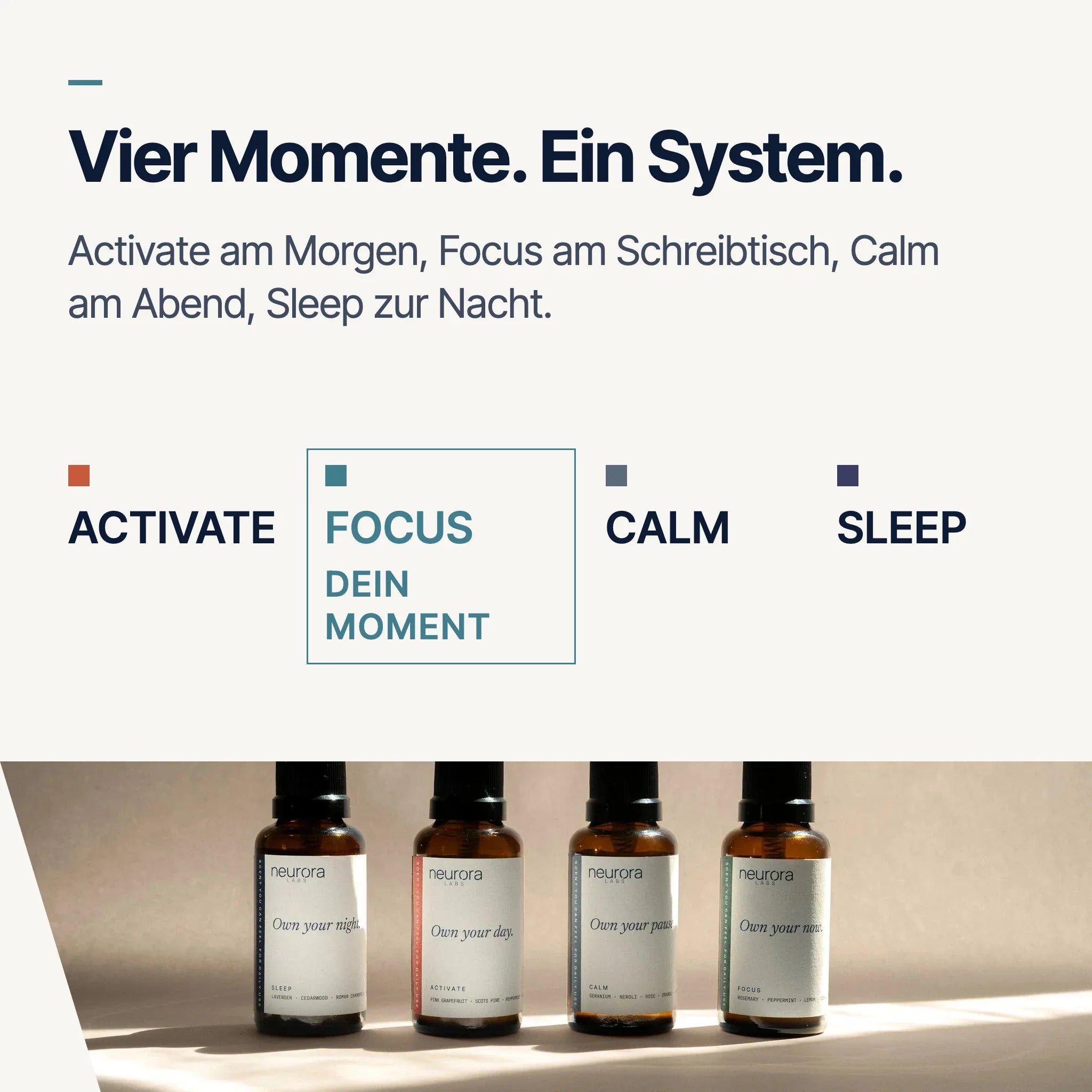 Vier Momente, ein System — Activate, Focus, Calm, Sleep