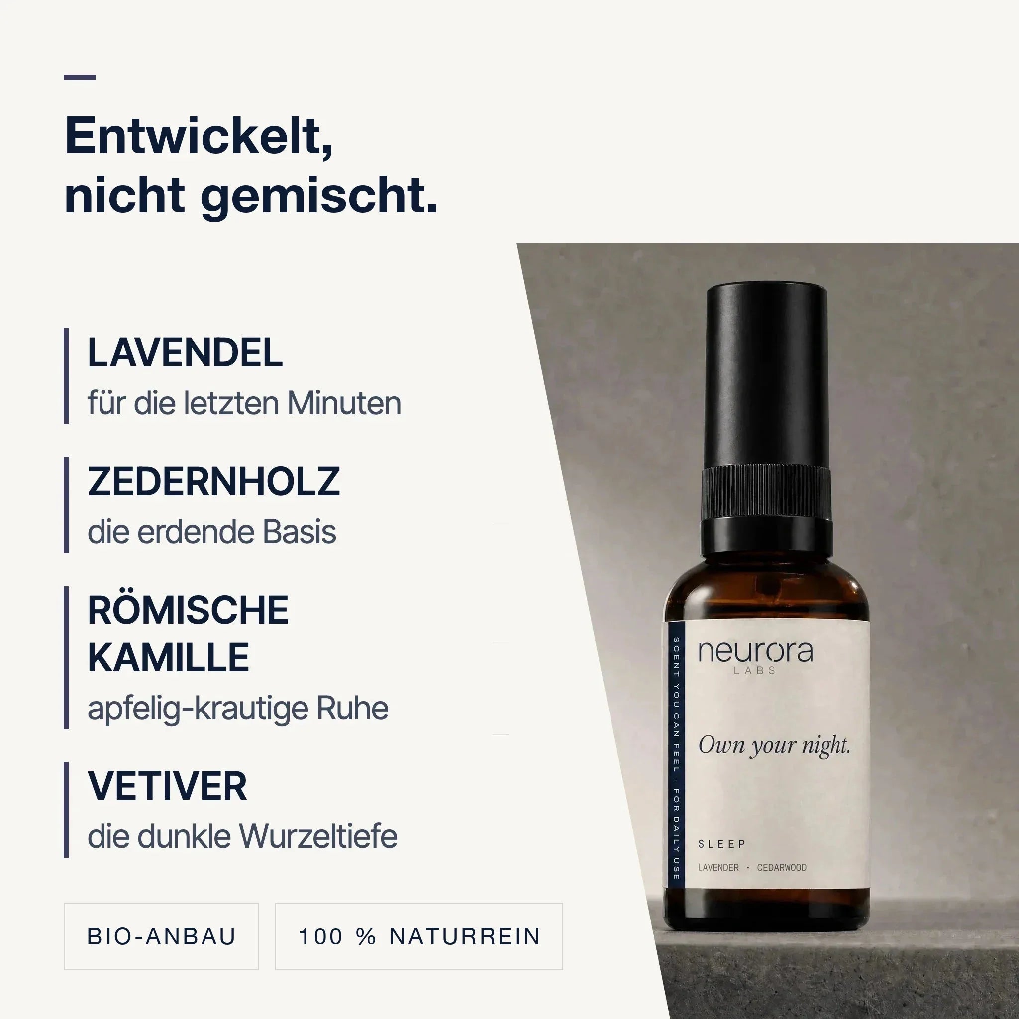 Entwickelt, nicht gemischt: Lavendel, Zedernholz, Römische Kamille, Vetiver