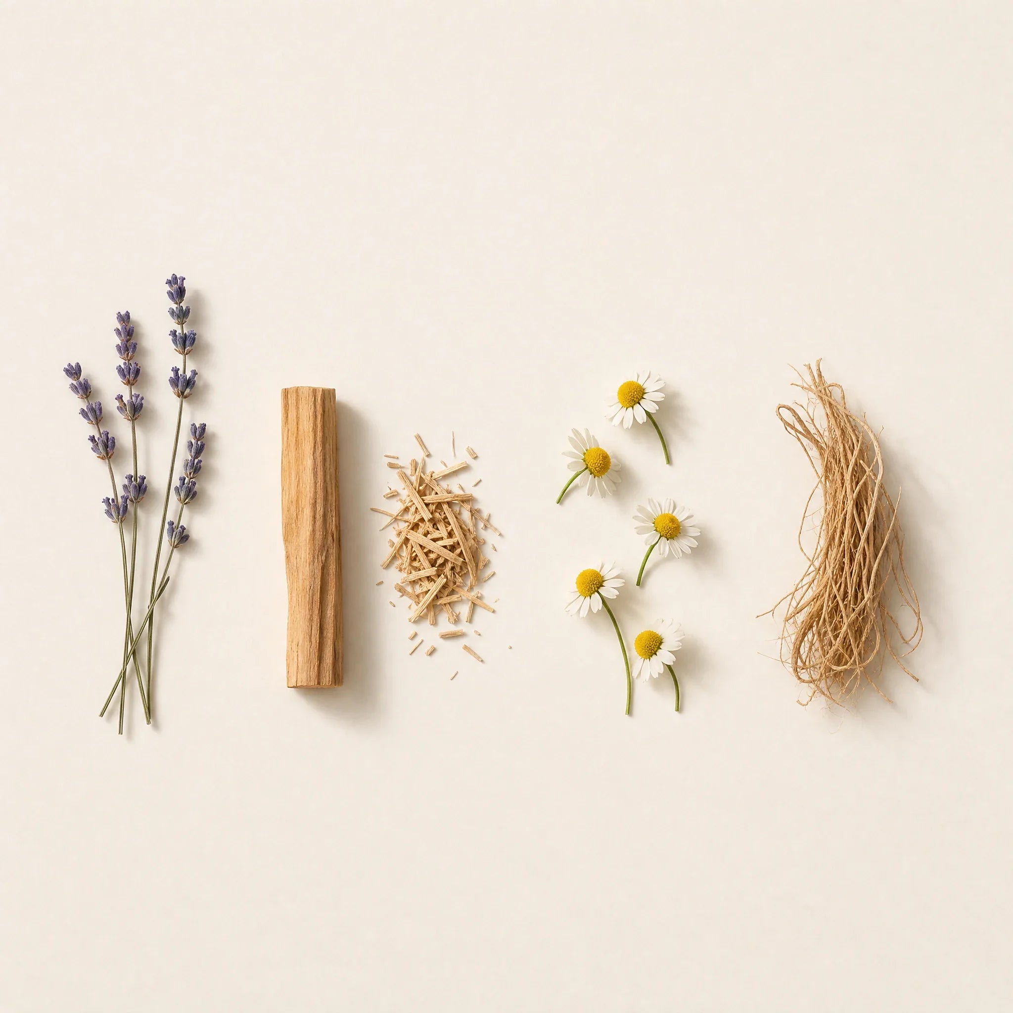 Die vier SLEEP-Zutaten als Specimen: Lavendel, Zedernholz, Römische Kamille, Vetiver
