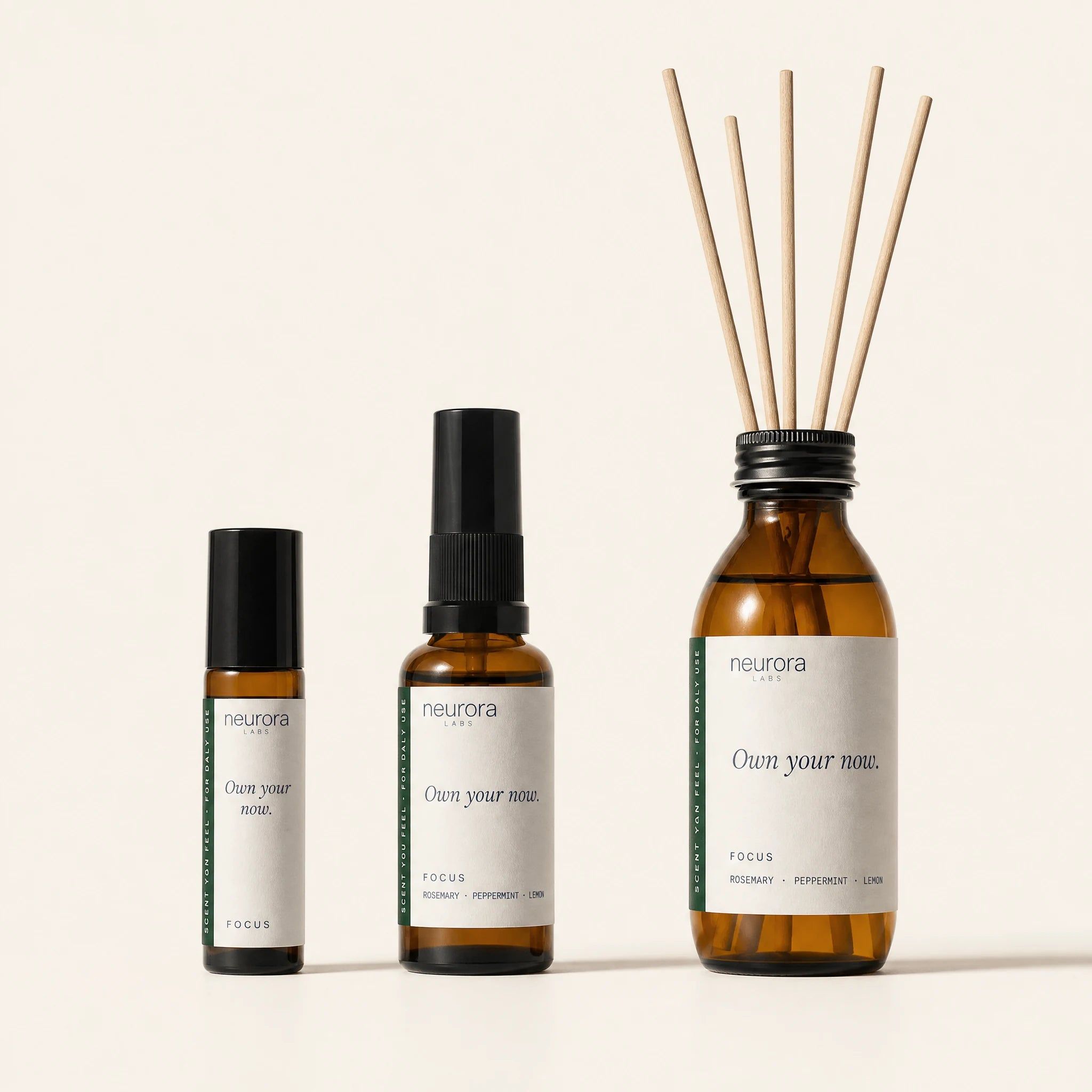 FOCUS Komplett-Set: Roll-On, Fabric Spray und Reed Diffuser nebeneinander